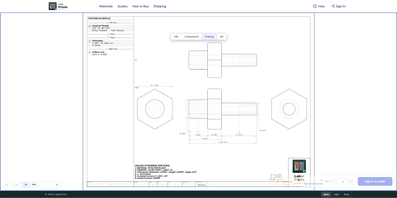 Drawing mode showing a dimensioned orthographic engineering drawing with a feature schedule and a notes block.