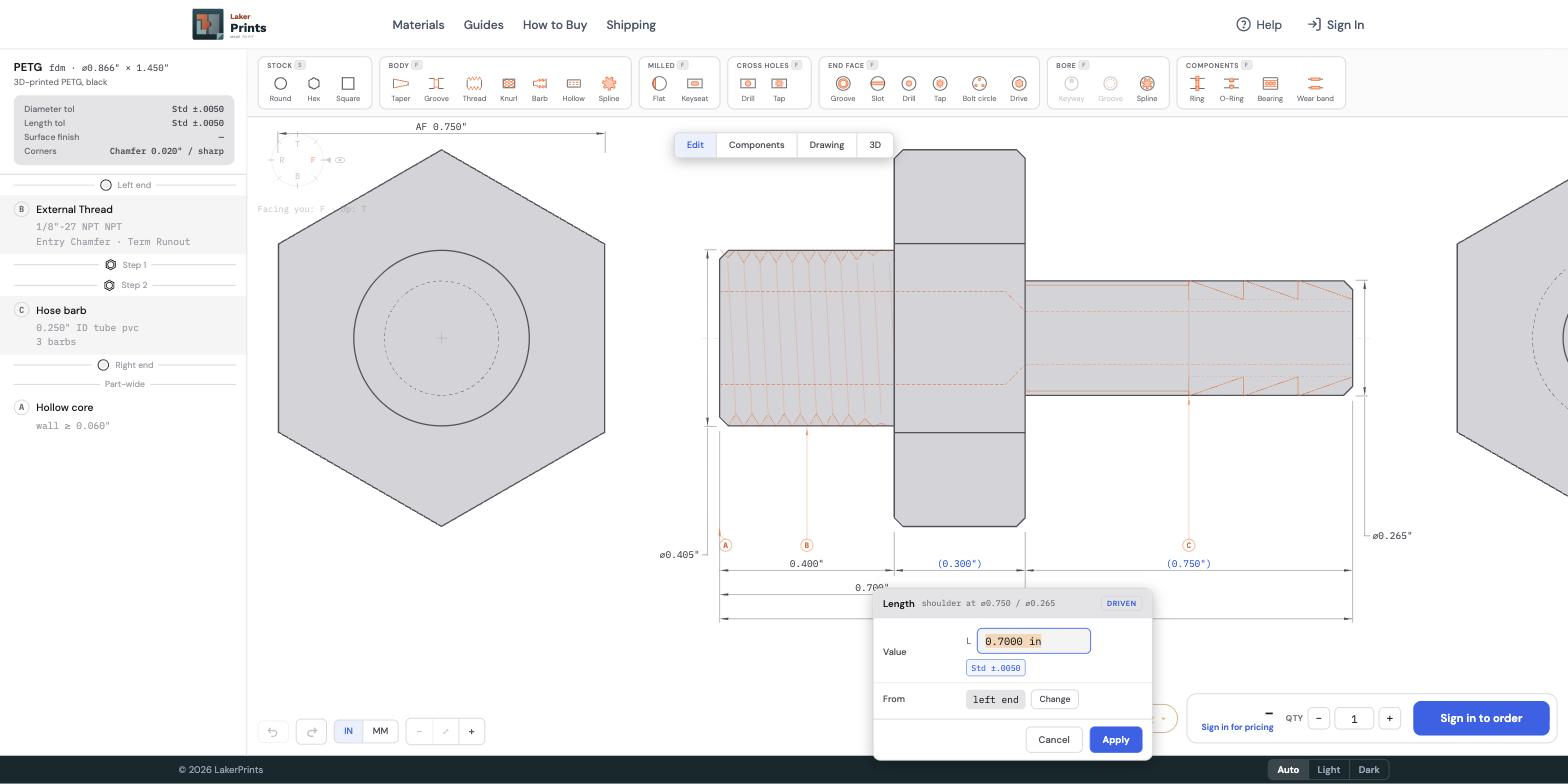 Clicking the overall-length dimension opens an inline editor showing the value, tolerance, and a driven-from reference.
