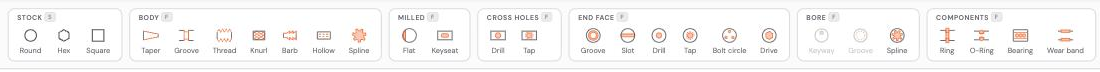 The feature palette opened over the configurator, grouped into Body, Milled, Cross holes, End face, and Bore, each feature with a letter key.