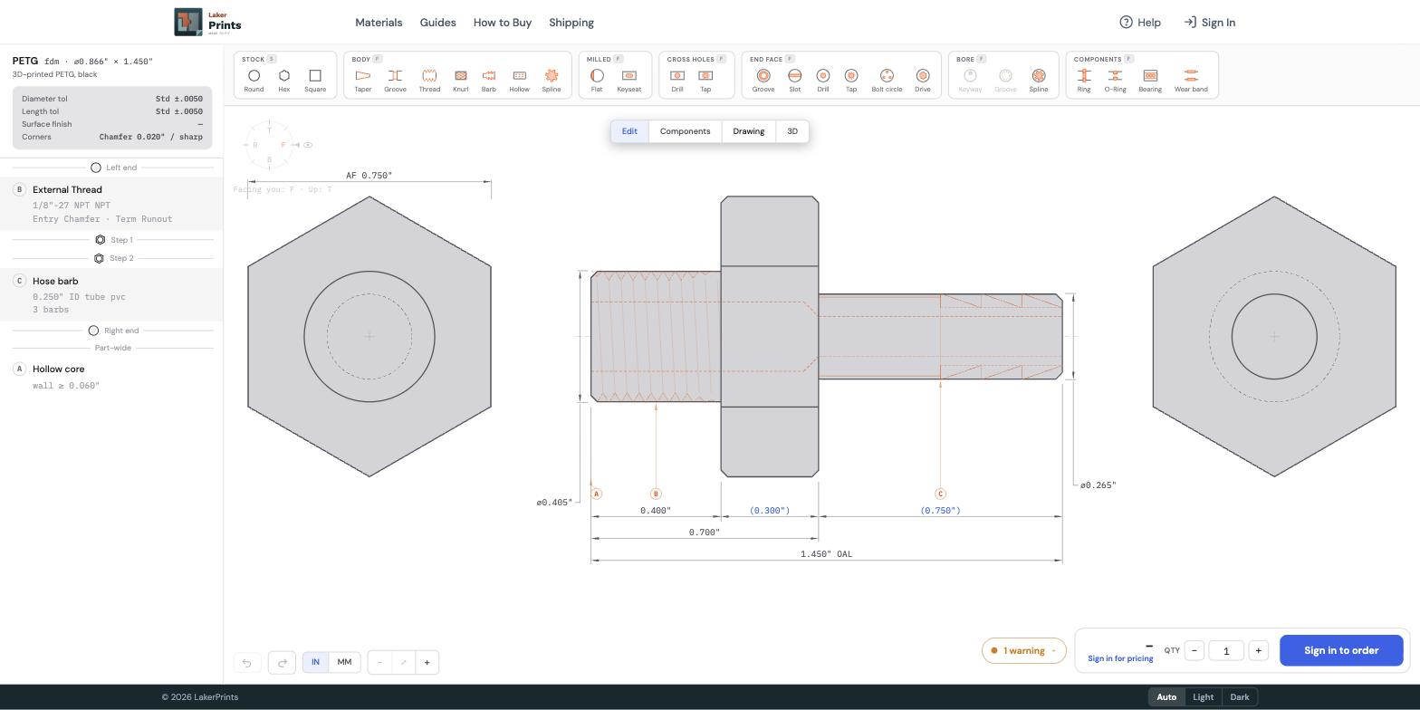 The configurator workspace, with the spec ledger on the left, the feature ribbon across the top, the live drawing in the center, the mode pill, and the price bar at the bottom.